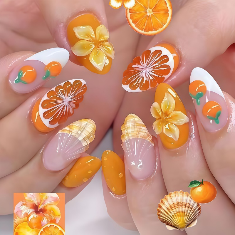 Nail Art Orange - Nuevo 2026, 30 Uñas Postizas 3D